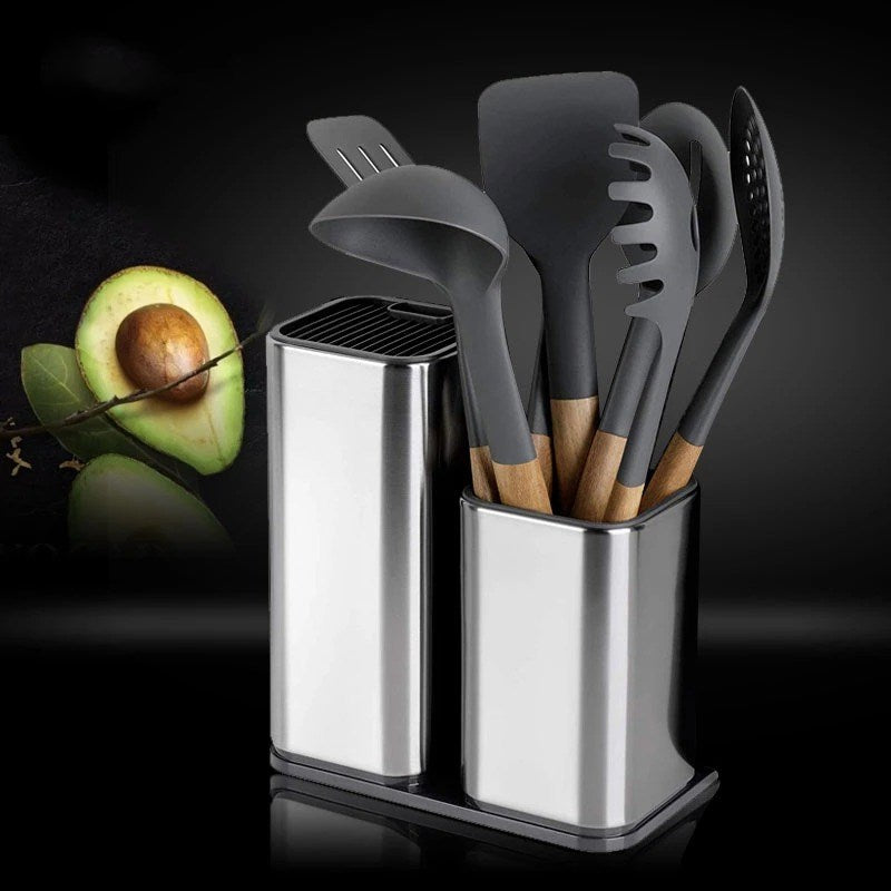 Large Capacity Kitchen Tool Holder & Knife Storage Rack with Drain Tray – Multifunctional Utensil Organizer, Rust